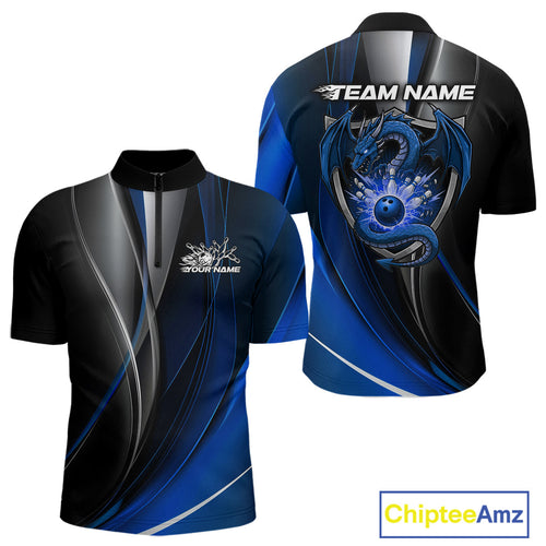 Custom Black And Blue Dragon Bowling Quarter-Zip Shirts For Men, Dragon Bowling Jersey IPHW9343
