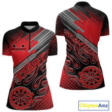 Load image into Gallery viewer, Custom Black And Red Flame Dartboard Dart Quarter-Zip Shirts For Women, Dart Team Uniform IPHW9684