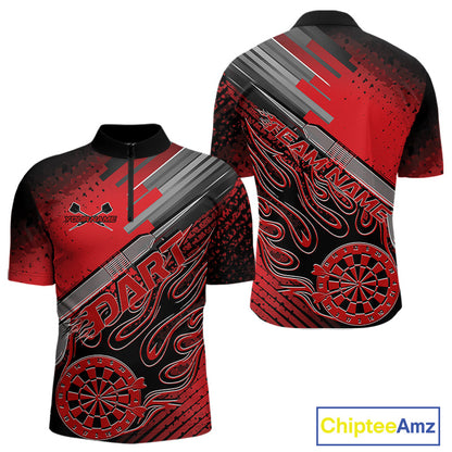 Custom Black And Red Flame Dartboard Dart Quarter-Zip Shirts For Men, Dart Team Uniform IPHW9684