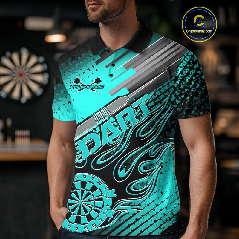 Custom Black And Turquoise Blue Flame Dartboard Dart Polo Shirts For Men, Dart Uniform IPHW9685
