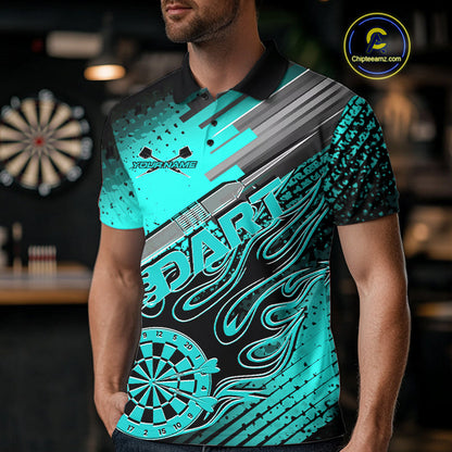 Custom Black And Turquoise Blue Flame Dartboard Dart Polo Shirts For Men, Dart Uniform IPHW9685