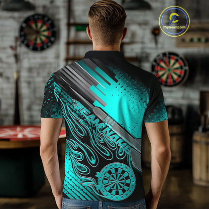 Custom Black And Turquoise Blue Flame Dartboard Dart Polo Shirts For Men, Dart Uniform IPHW9685
