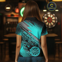 Load image into Gallery viewer, Custom Black And Turquoise Blue Flame Dartboard Dart Polo Shirts For Women, Dart Uniform IPHW9685