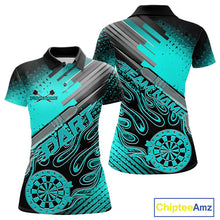 Load image into Gallery viewer, Custom Black And Turquoise Blue Flame Dartboard Dart Polo Shirts For Women, Dart Uniform IPHW9685