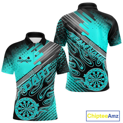 Custom Black And Turquoise Blue Flame Dartboard Dart Polo Shirts For Men, Dart Uniform IPHW9685