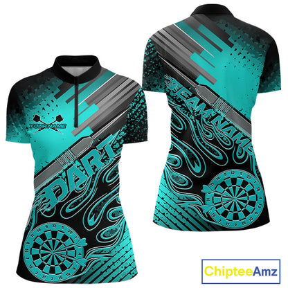 Custom Black And Turquoise Blue Flame Dartboard Women Quarter-Zip Shirt, Dart Uniform IPHW9685