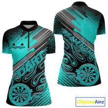 Load image into Gallery viewer, Custom Black And Turquoise Blue Flame Dartboard Women Quarter-Zip Shirt, Dart Uniform IPHW9685