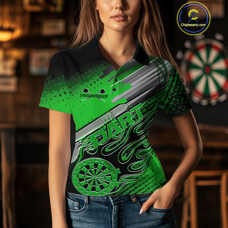Custom Black And Irish Green Flame Dartboard Dart Polo Shirts For Women, Dart Uniform IPHW9686