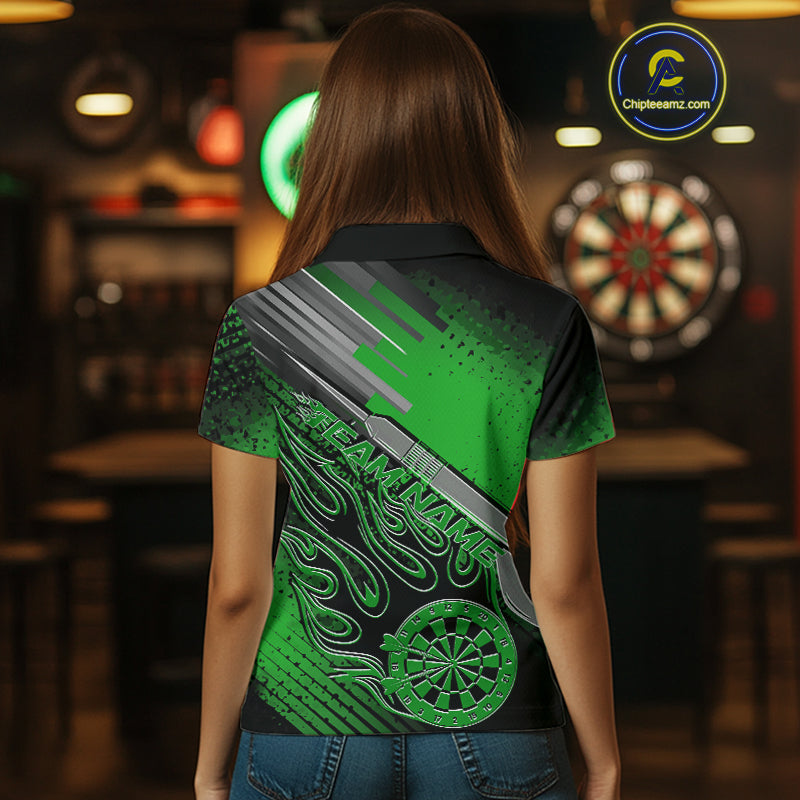 Custom Black And Irish Green Flame Dartboard Dart Polo Shirts For Women, Dart Uniform IPHW9686