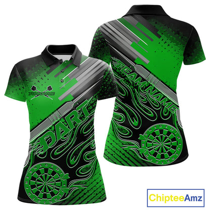 Custom Black And Irish Green Flame Dartboard Dart Polo Shirts For Women, Dart Uniform IPHW9686