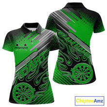 Load image into Gallery viewer, Custom Black And Irish Green Flame Dartboard Dart Polo Shirts For Women, Dart Uniform IPHW9686