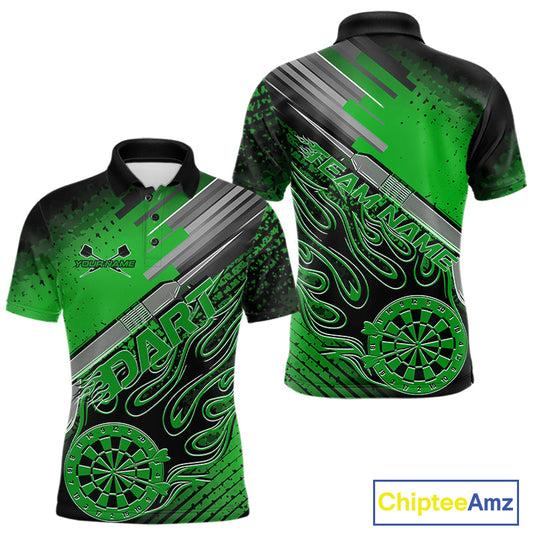 Custom Black And Irish Green Flame Dartboard Dart Polo Shirts For Men, Dart Uniform IPHW9686