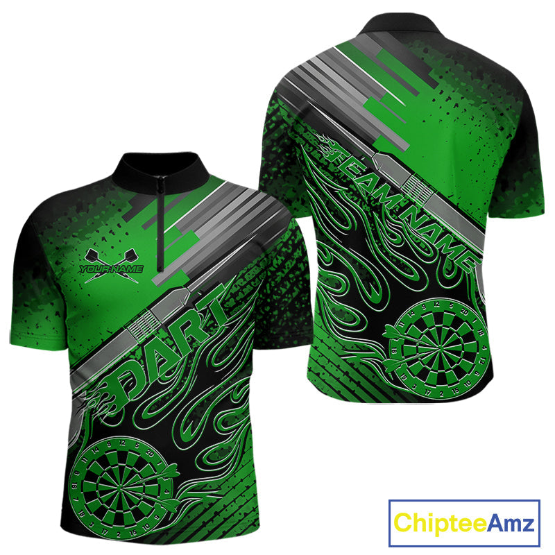 Custom Black And Irish Green Flame Dartboard Dart Quarter-Zip Shirts For Men, Dart Uniform IPHW9686