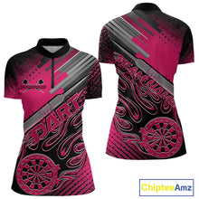Load image into Gallery viewer, Custom Black And Pink Flame Dartboard Dart Quarter-Zip Shirts For Women, Dart Uniform IPHW9687