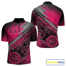 Load image into Gallery viewer, Custom Black And Pink Flame Dartboard Dart Quarter-Zip Shirts For Men, Dart Uniform IPHW9687