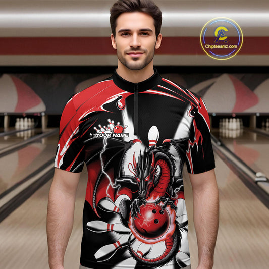 Custom Black And Red Dragon Bowling Men Quarter-Zip Shirts, Dragon Bowling Team Jerseys IPHW9108