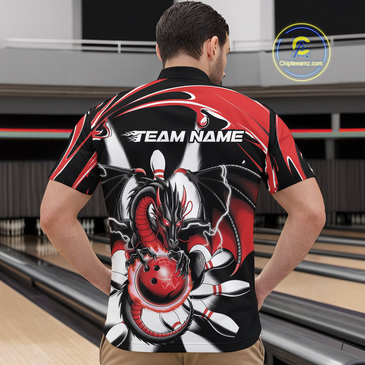 Custom Black And Red Dragon Bowling Men Quarter-Zip Shirts, Dragon Bowling Team Jerseys IPHW9108