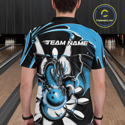 Custom Black And Blue Dragon Bowling Men Polo Shirts, Dragon Bowling Team Jerseys IPHW9109