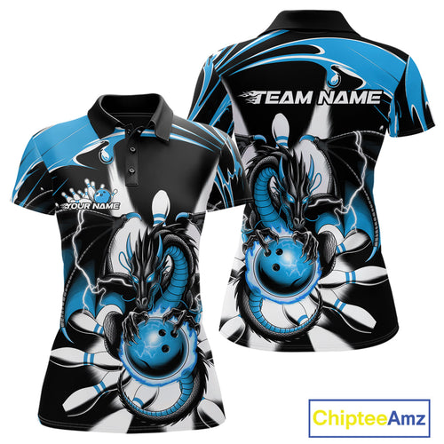Custom Black And Blue Dragon Bowling Women Polo Shirts, Dragon Bowling Team Jerseys IPHW9109