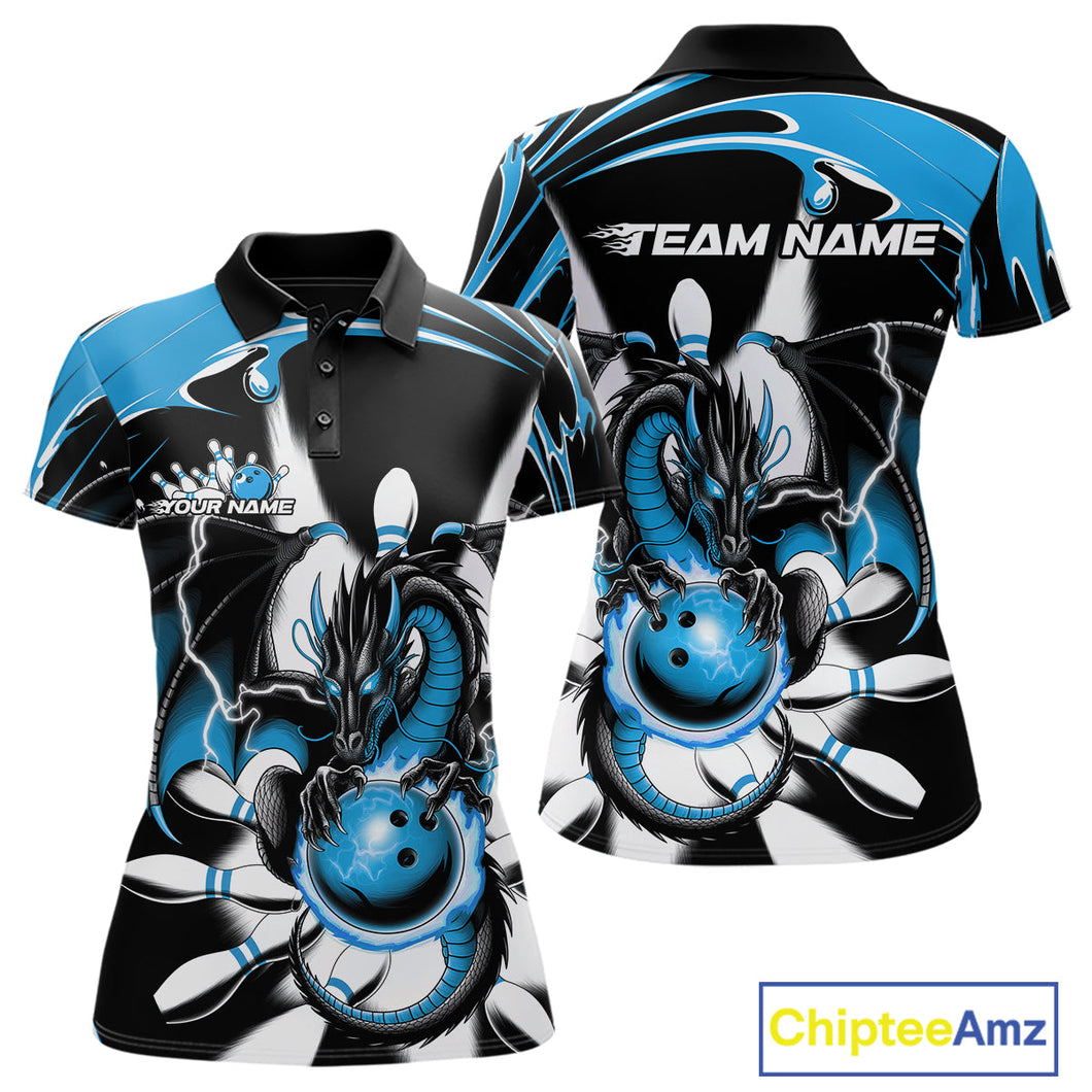 Custom Black And Blue Dragon Bowling Women Polo Shirts, Dragon Bowling Team Jerseys IPHW9109