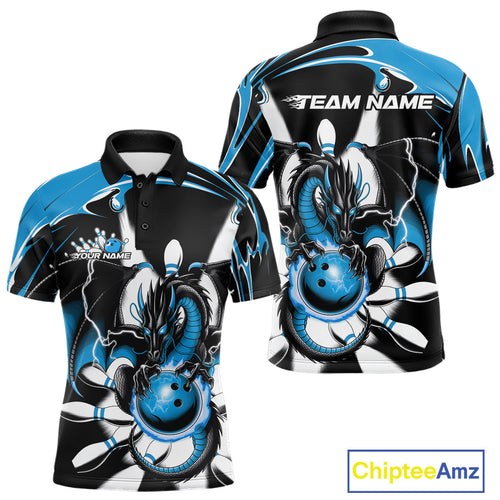 Custom Black And Blue Dragon Bowling Men Polo Shirts, Dragon Bowling Team Jerseys IPHW9109