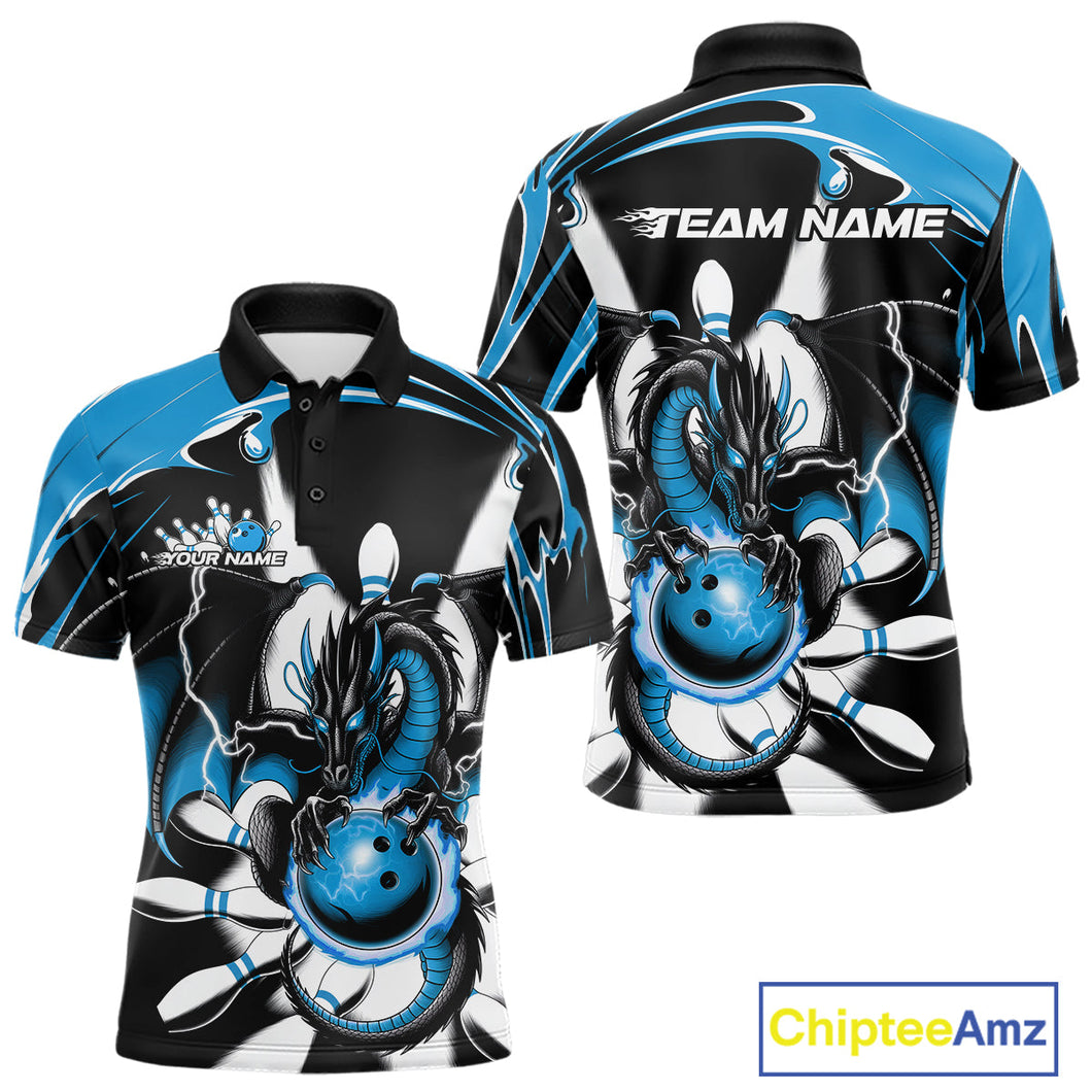 Custom Black And Blue Dragon Bowling Men Polo Shirts, Dragon Bowling Team Jerseys IPHW9109