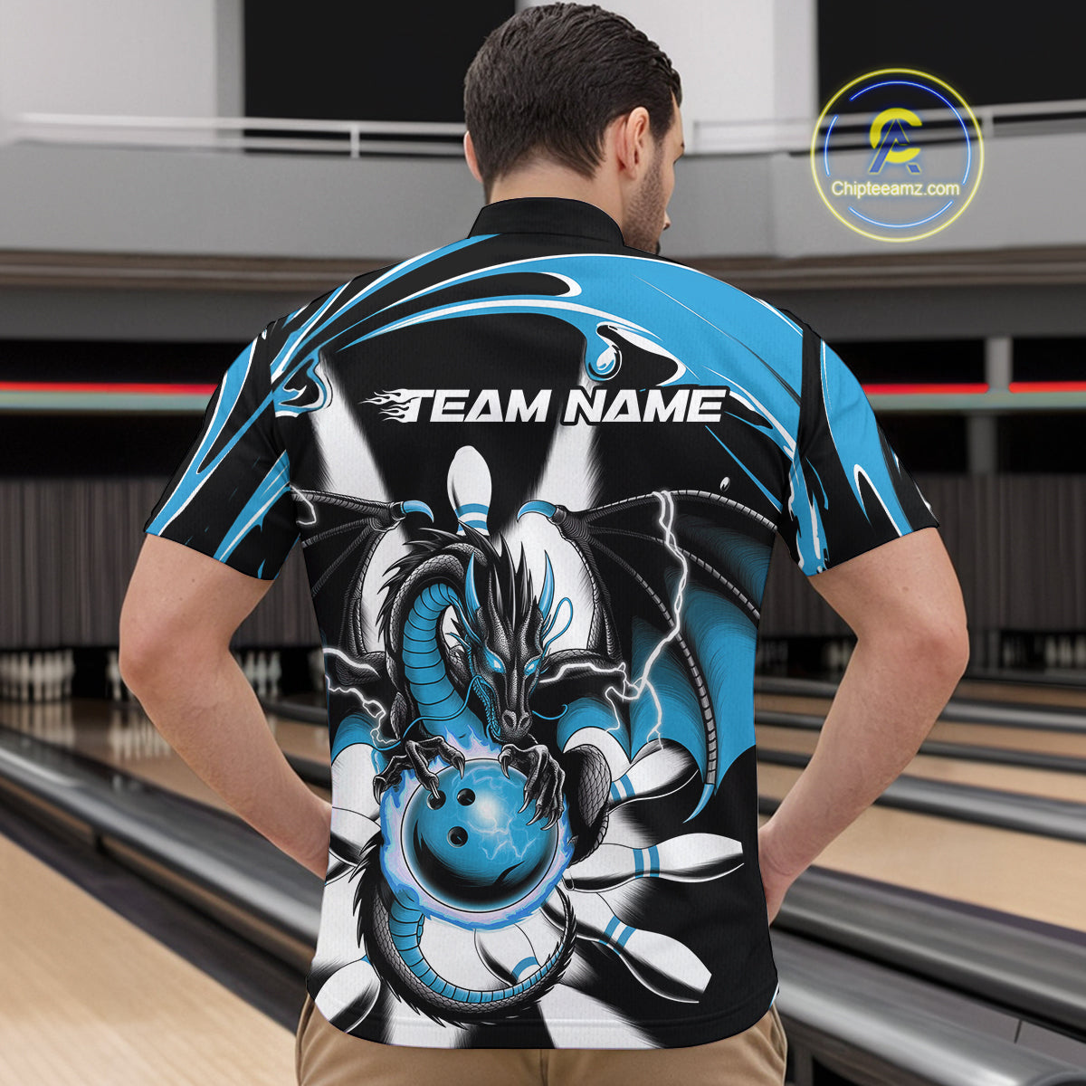 Custom Black And Blue Dragon Bowling Men Quarter-Zip Shirts, Dragon Bowling Team Jerseys IPHW9109