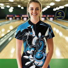 Load image into Gallery viewer, Custom Black And Blue Dragon Bowling Women Quarter-Zip Shirts, Bowling Team Jerseys IPHW9109