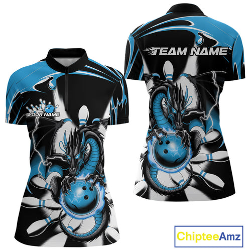 Custom Black And Blue Dragon Bowling Women Quarter-Zip Shirts, Bowling Team Jerseys IPHW9109