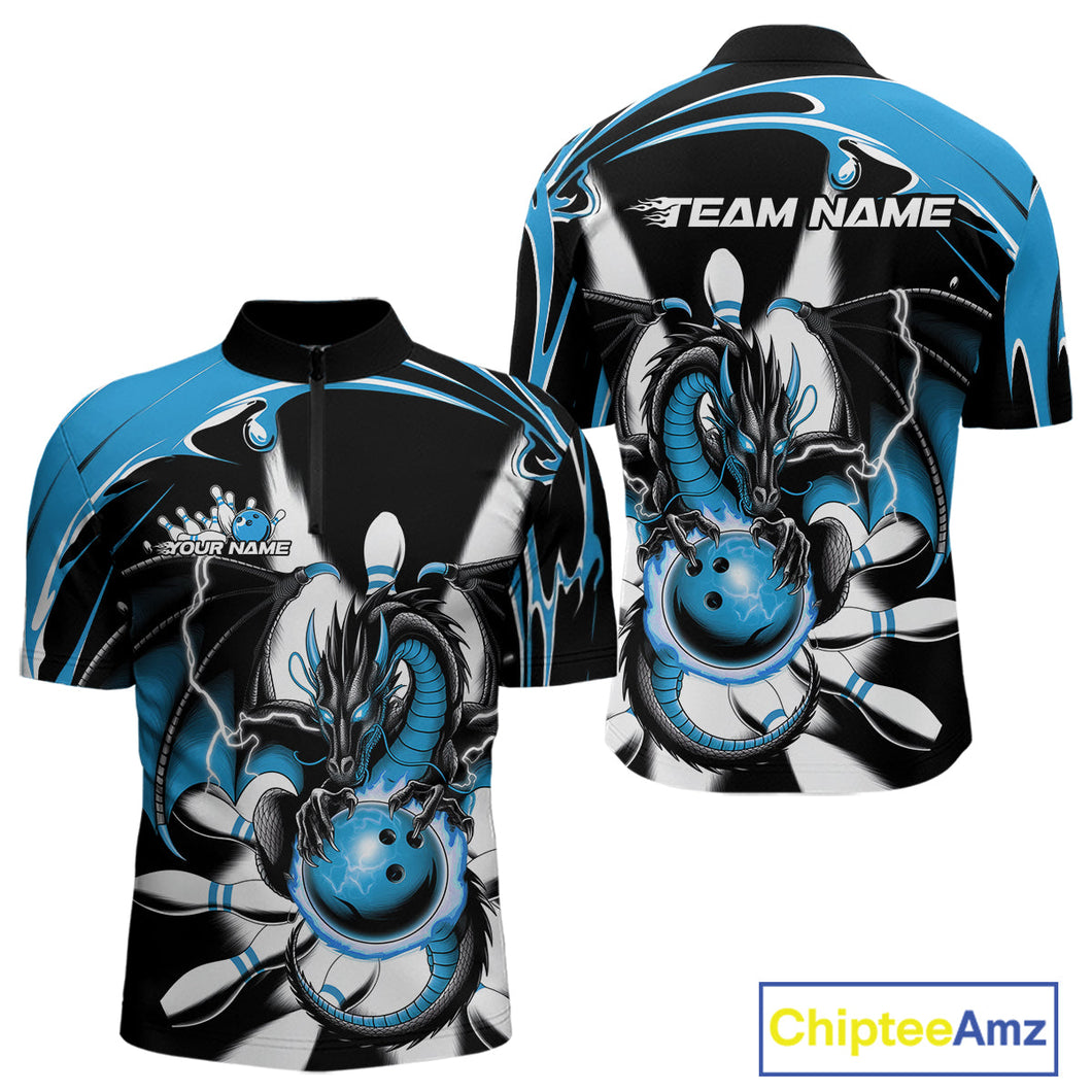 Custom Black And Blue Dragon Bowling Men Quarter-Zip Shirts, Dragon Bowling Team Jerseys IPHW9109