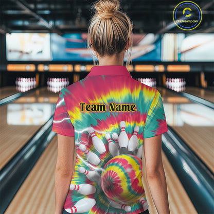 Custom Colorful Tie Dye Bowling Polo Shirts For Women, Rainbow Bowling Outfit IPHW9116