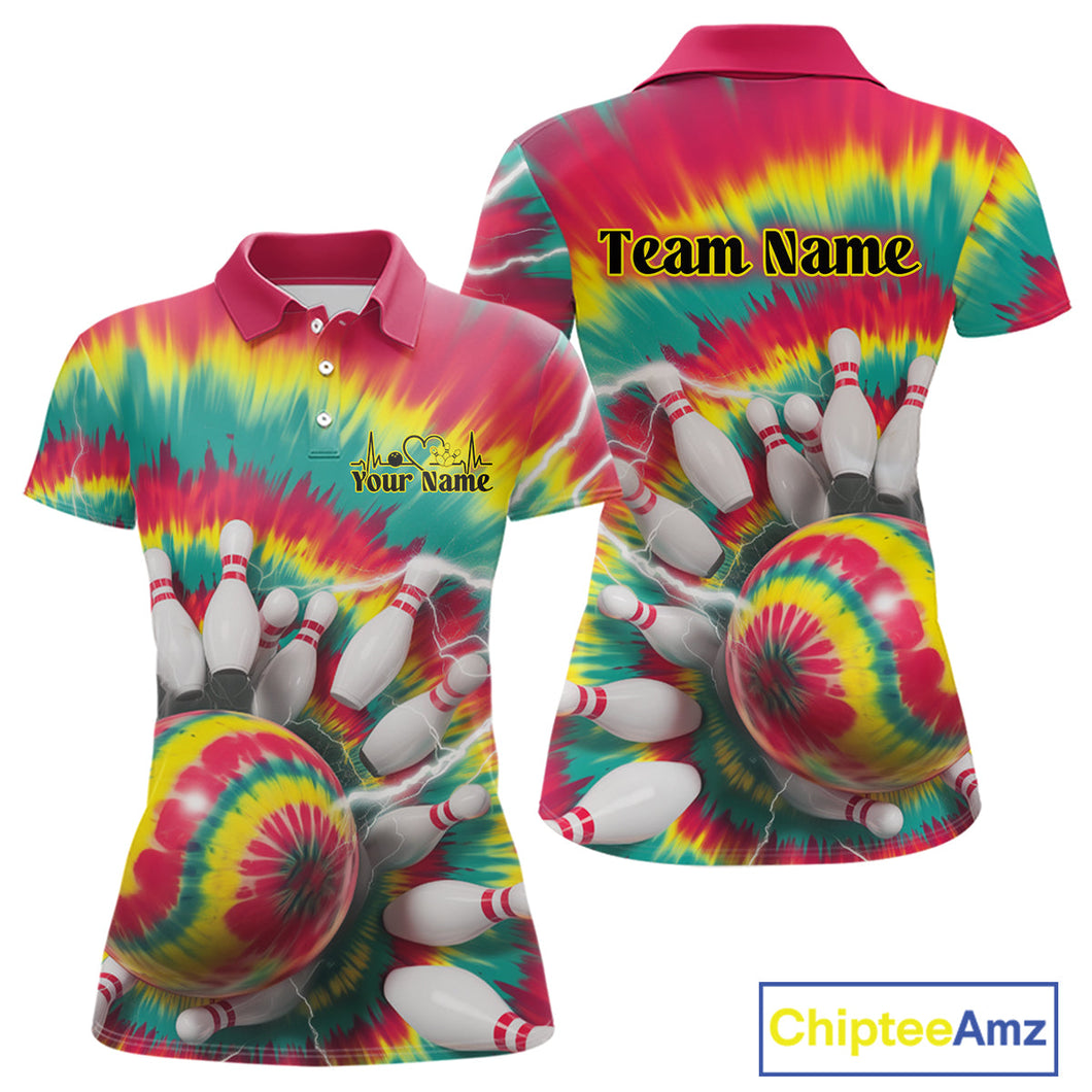 Custom Colorful Tie Dye Bowling Polo Shirts For Women, Rainbow Bowling Outfit IPHW9116