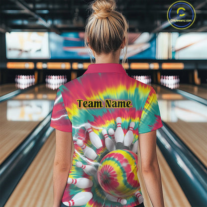 Custom Colorful Tie Dye Bowling Quarter-Zip Shirts For Women, Rainbow Bowling Outfit IPHW9116