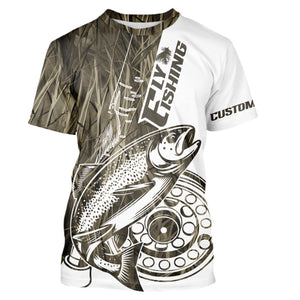Custom Brown Grass Camo Trout Fly Fishing T-Shirts, Fly Reel Fishing T-Shirt IPHW9118