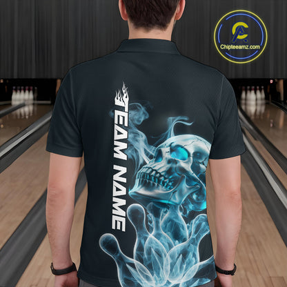Custom Blue Flame Smoke Skull Bowling Polo Shirts For Men, Halloween Bowling Outfit IPHW9494