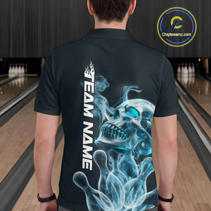 Custom Blue Flame Smoke Skull Bowling Polo Shirts For Men, Halloween Bowling Outfit IPHW9494