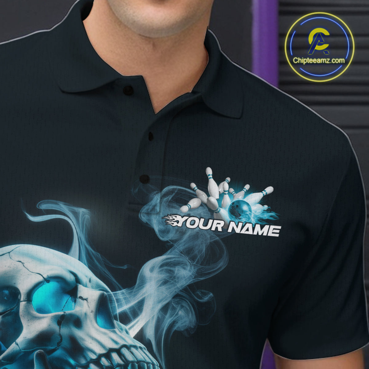 Custom Blue Flame Smoke Skull Bowling Polo Shirts For Men, Halloween Bowling Outfit IPHW9494
