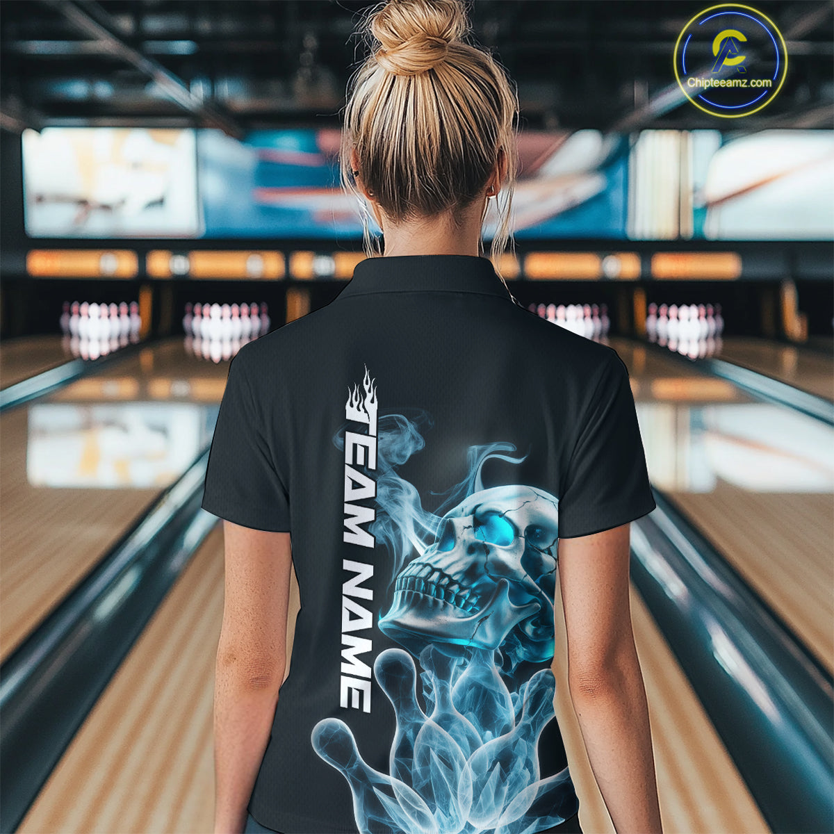 Custom Blue Flame Smoke Skull Bowling Polo Shirts For Women, Halloween Bowling Outfit IPHW9494