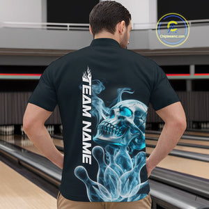 Custom Blue Flame Smoke Skull Bowling Quarter-Zip Shirts For Men, Halloween Bowling Outfit IPHW9494