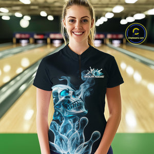 Custom Blue Flame Smoke Skull Bowling Women Quarter-Zip Shirt, Halloween Bowling Outfit IPHW9494