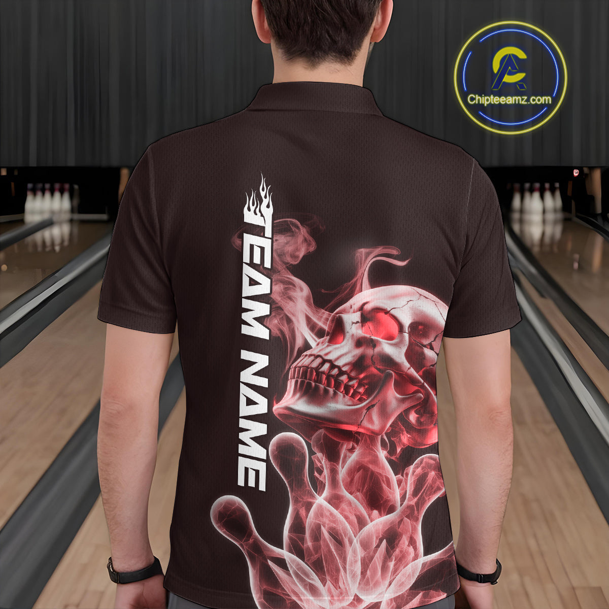 Custom Red Flame Smoke Skull Bowling Polo Shirts For Men, Halloween Bowling Outfit IPHW9495