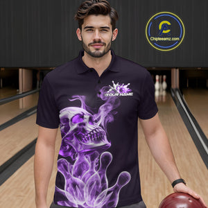 Custom Purple Flame Smoke Skull Bowling Polo Shirts For Men, Halloween Bowling Outfit IPHW9496