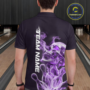 Custom Purple Flame Smoke Skull Bowling Polo Shirts For Men, Halloween Bowling Outfit IPHW9496