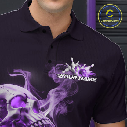 Custom Purple Flame Smoke Skull Bowling Polo Shirts For Men, Halloween Bowling Outfit IPHW9496