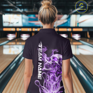 Custom Purple Flame Smoke Skull Bowling Polo Shirts For Women, Halloween Bowling Outfit IPHW9496