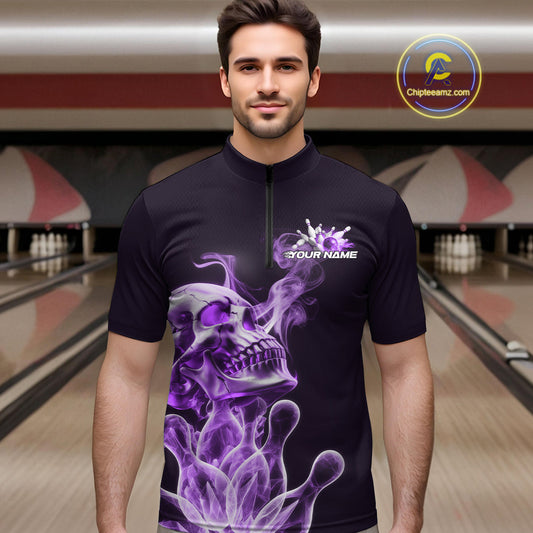 Custom Purple Flame Smoke Skull Bowling Quarter-Zip Shirts For Men, Halloween Bowling Outfit IPHW9496