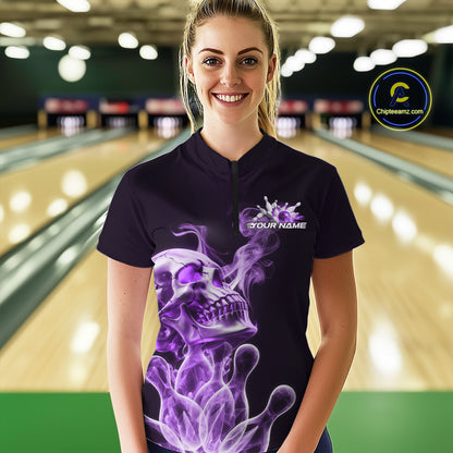 Custom Purple Flame Smoke Skull Bowling Women Quarter-Zip Shirt, Halloween Bowling Outfit IPHW9496