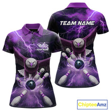 Load image into Gallery viewer, Custom Purple Thunder Lightning Eagle Bowling Polo Shirt For Women, Eagle Bowling Jerseys IPHW9365