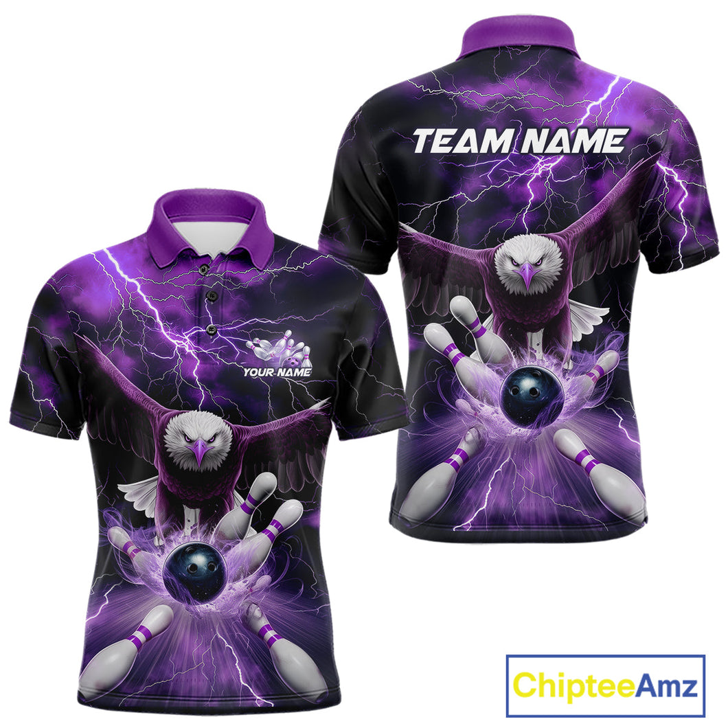 Custom Purple Thunder Lightning Eagle Bowling Polo Shirts For Men, Eagle Bowling Jerseys IPHW9365