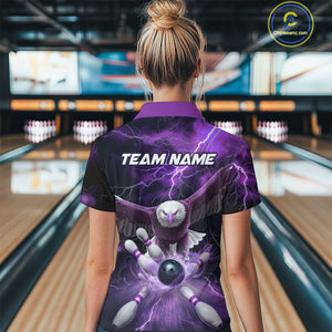 Custom Purple Thunder Lightning Eagle Bowling Women Quarter-Zip Shirts, Bowling Jerseys IPHW9365